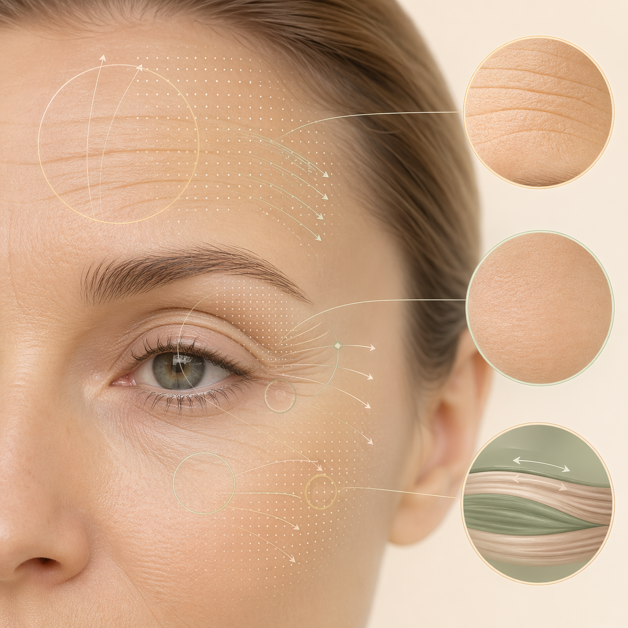 Απεικονιστική αναπαράσταση της θεραπείας με αλλαντική τοξίνη: προφίλ προσώπου με σημειωμένες ζώνες δυναμικών ρυτίδων στο μέτωπο και την περιοχή των ματιών