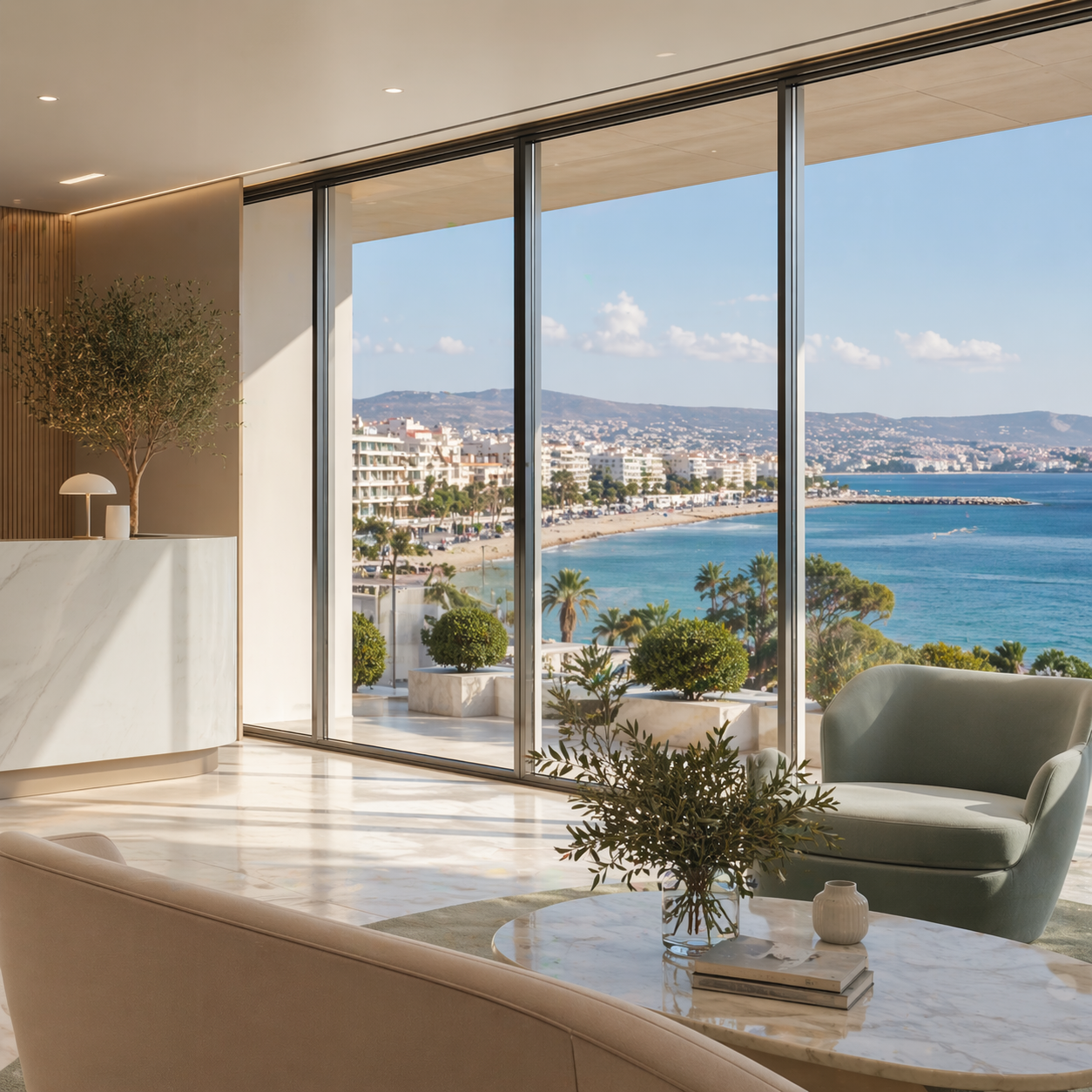 Χώρος υποδοχής της LP Clinic με θέα στην Αθηναϊκή Ριβιέρα στη Γλυφάδα