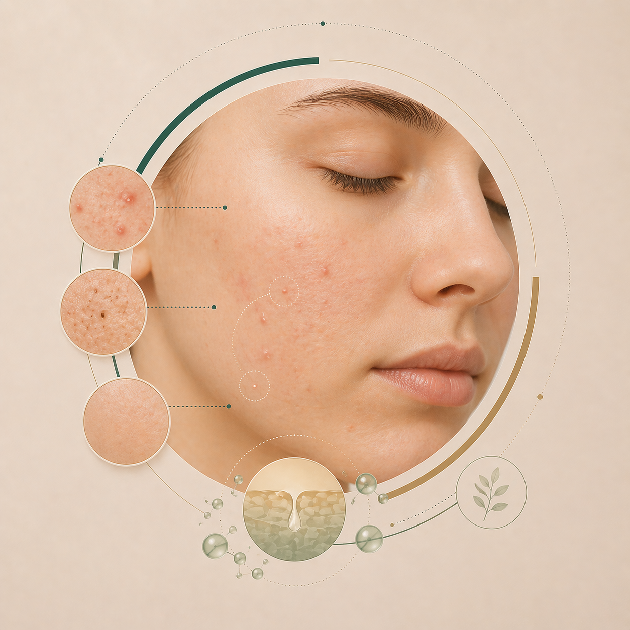 Απεικονιστική αναπαράσταση της ακμής: φλεγμονώδεις βλατίδες και φαγέσωροι στο πρόσωπο με λεπτομερείς κοντινές λήψεις της υφής του δέρματος