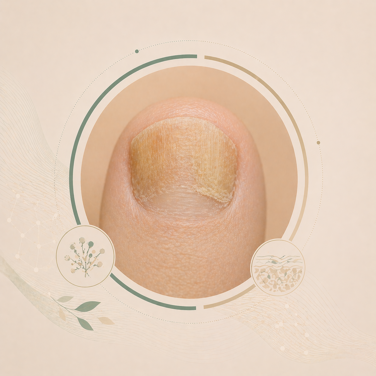 Απεικονιστική αναπαράσταση της ονυχομυκητίασης: αποχρωματισμένο, παχυμένο νύχι ποδιού με εύθραυστη δομή και λεπτομερείς όψεις της λοίμωξης του νυχιού