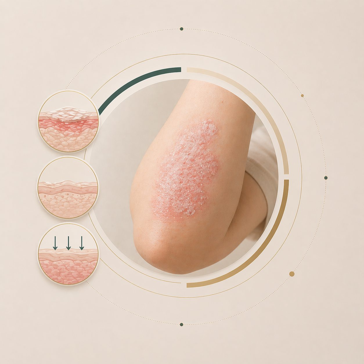 Απεικονιστική αναπαράσταση της ψωρίασης: χαρακτηριστική φλεγμονώδης πλάκα με αργυρή απολέπιση στον αγκώνα