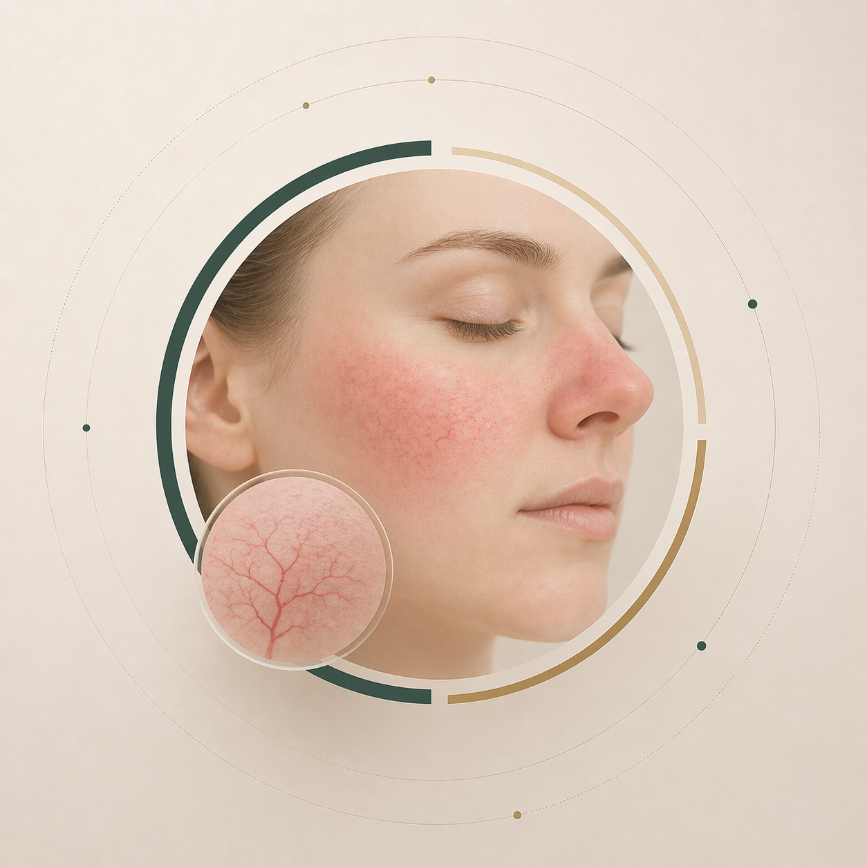 Απεικονιστική αναπαράσταση της ροδόχρους νόσου: ερυθρότητα προσώπου με ορατά λεπτά αγγεία στο μάγουλο