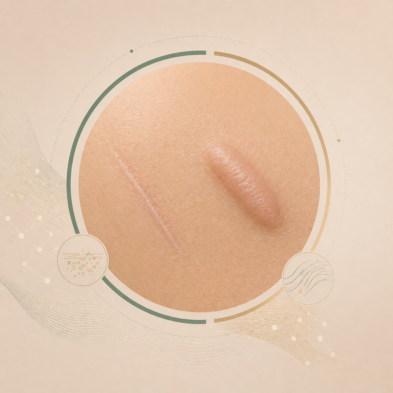 Απεικονιστική αναπαράσταση ουλών και χηλοειδών: ανασηκωμένη χηλοειδής ουλή δίπλα σε επίπεδη γραμμική ουλή στο δέρμα