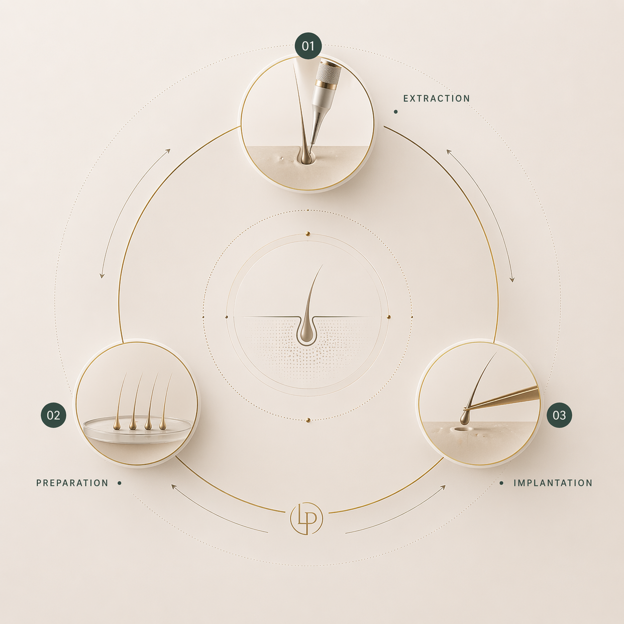 Απεικόνιση διαδικασίας FUE: εξαγωγή (01), προετοιμασία (02) και εμφύτευση (03) των θυλακικών μονάδων